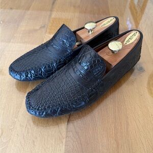 Moreschi~ Black Croc-Embossed Leather Penny Loafers